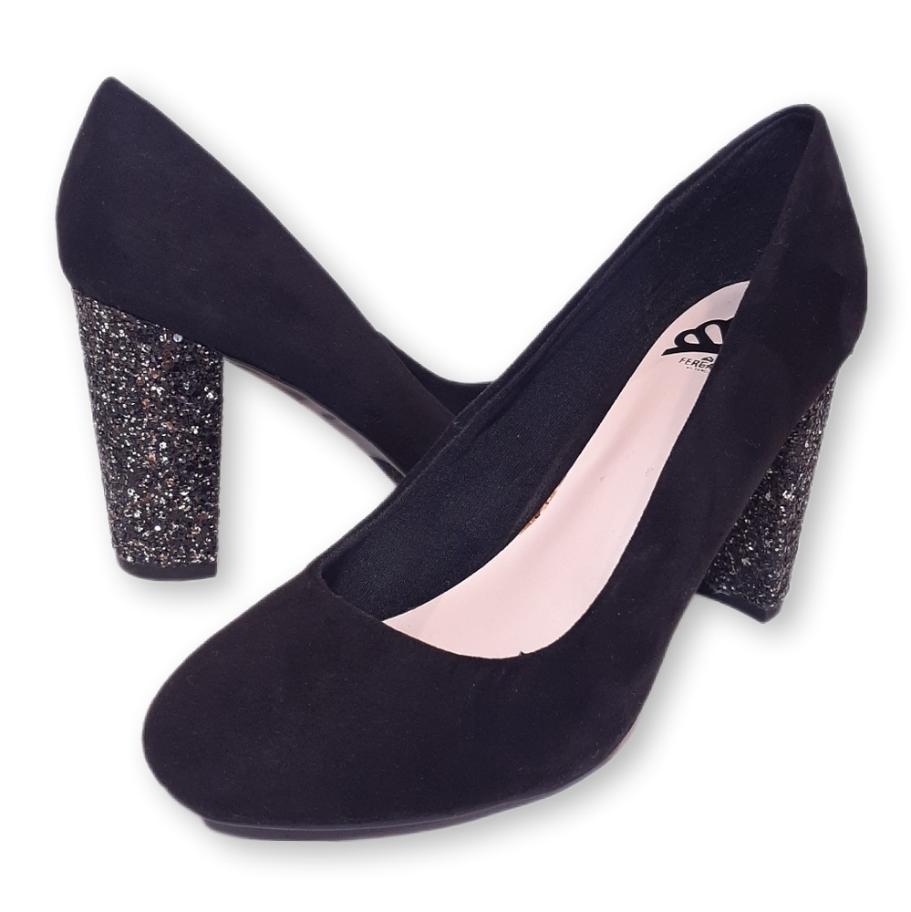 💠FERGALICIOUS Dandy Velvet Chunky Glitter High Heels Round Toe Slip On Party